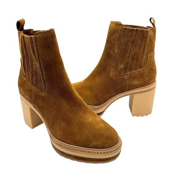 Steve Madden Lenny Chestnut Suede Leather Chunky Heel Pull On Ankle Boots - Picture 1 of 12